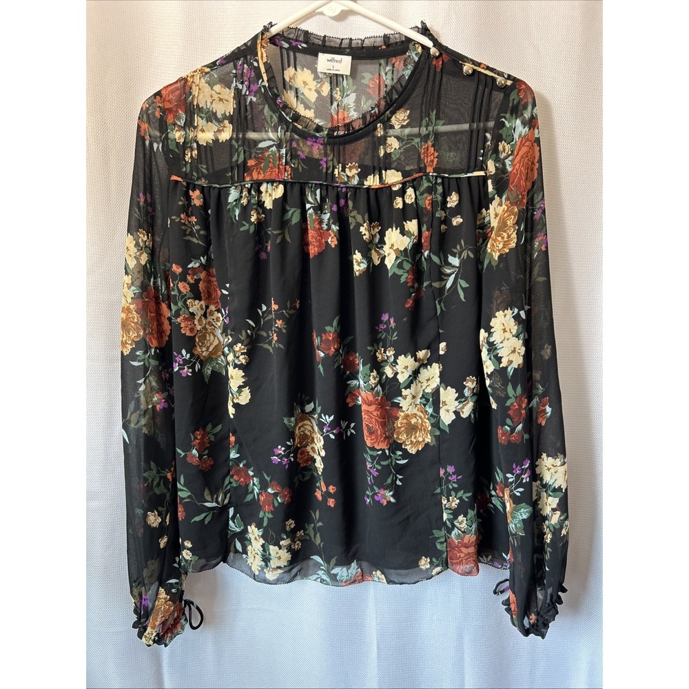 Aritzia Wilfred Black Long Sleeve Ruffle Sheer Blouse Top S Boho Whimsigoth